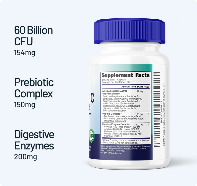 Supplement facts for Zbiome prebiotic digestive enzymes.