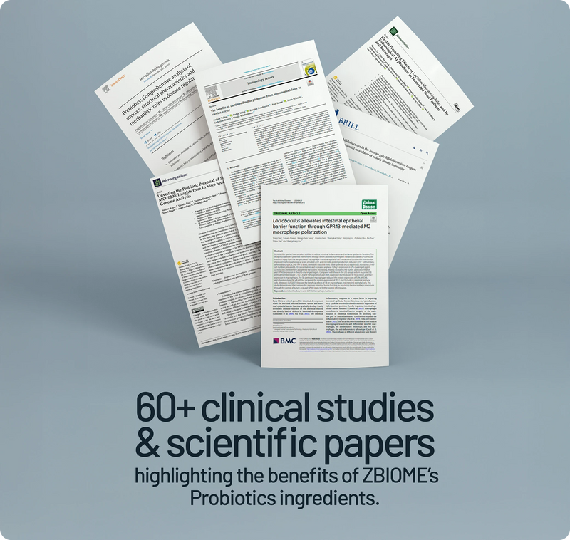 60 clinical studies and scientific papers for Zbiome gut support prebiotics - grey background